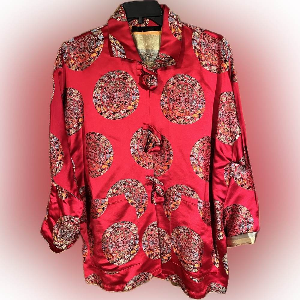 Asian inspired jacket stunning red with intricate multicolored medallions